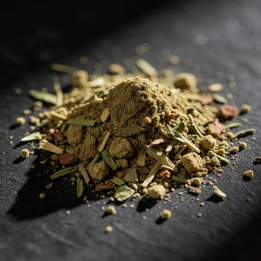 Crushed botanical herbs on a dark surface