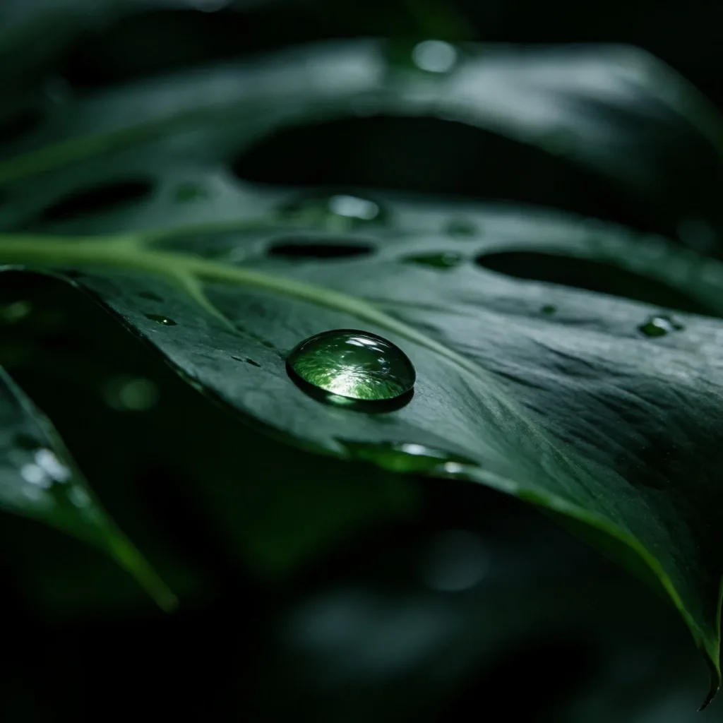 Botanical leaf with water droplets under emerald light