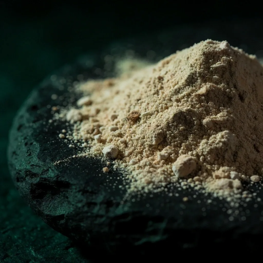Ashwagandha root powder on dark stone