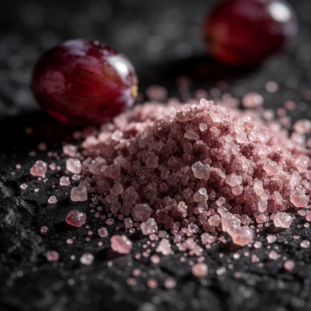 Grape skin and CoQ10 crystals on dark stone