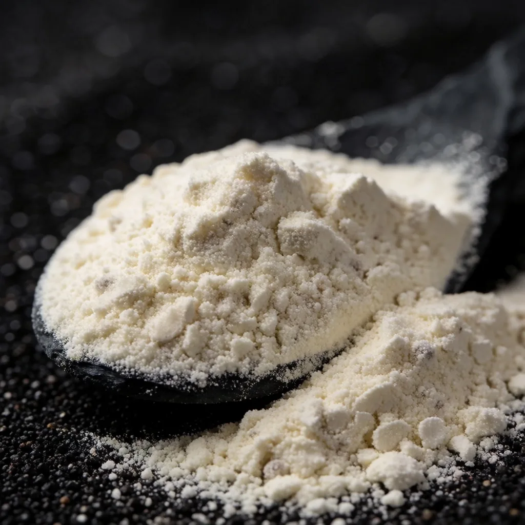 Plant-based protein powder in dark scoop